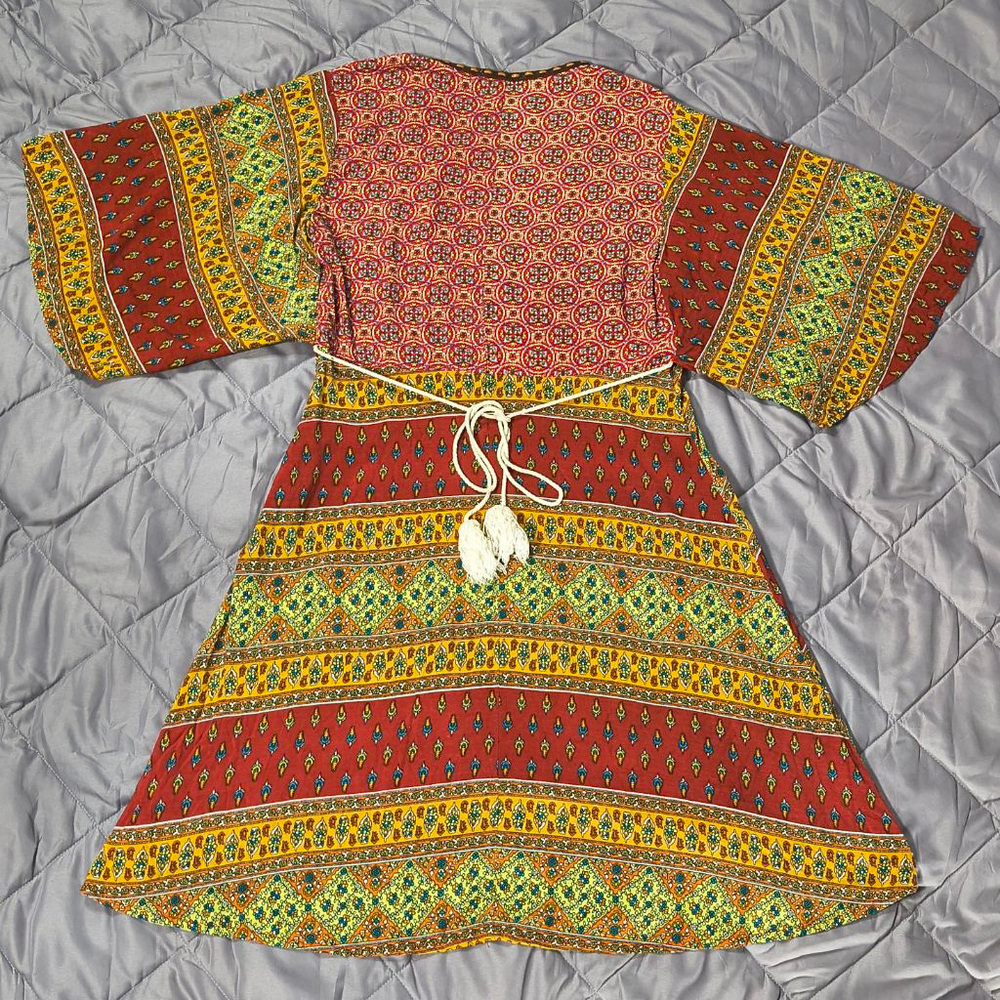 (S) Women's Umgee Red Yellow and Green Mixed Media Patterned Hi-lo Boho Dress - Picture 2 of 7